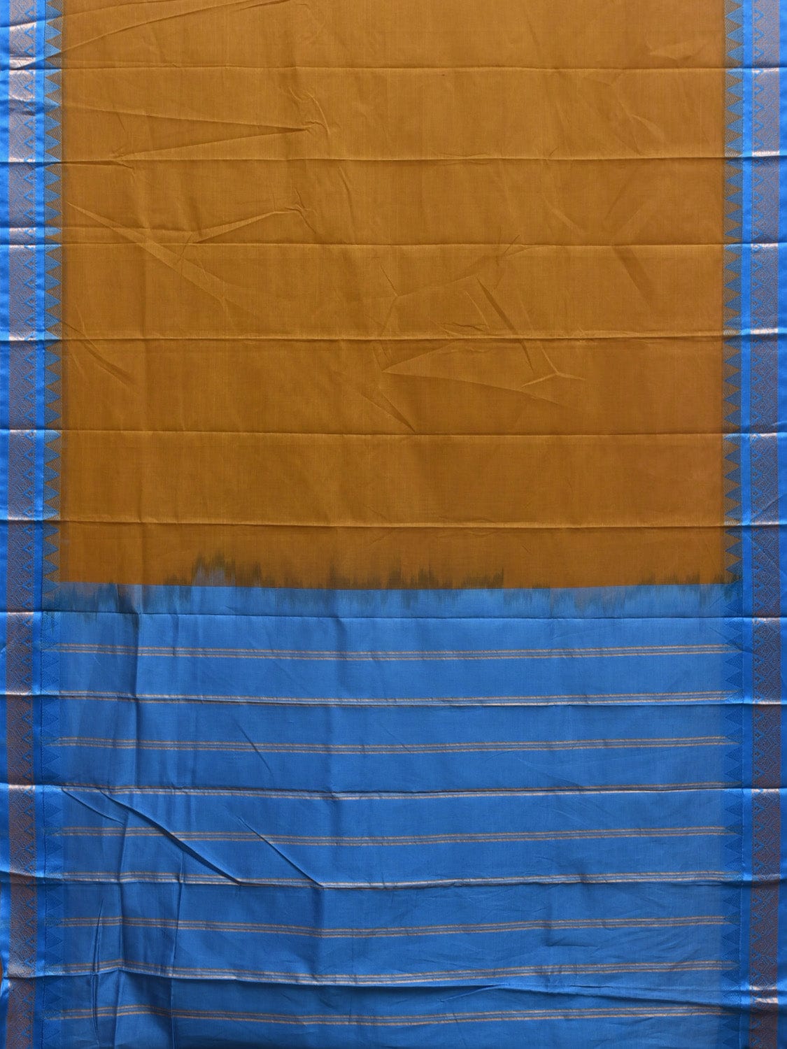Olive and Blue Gadwal Cotton Handloom Plain Saree with Strips Pallu Design No Blouse g0373