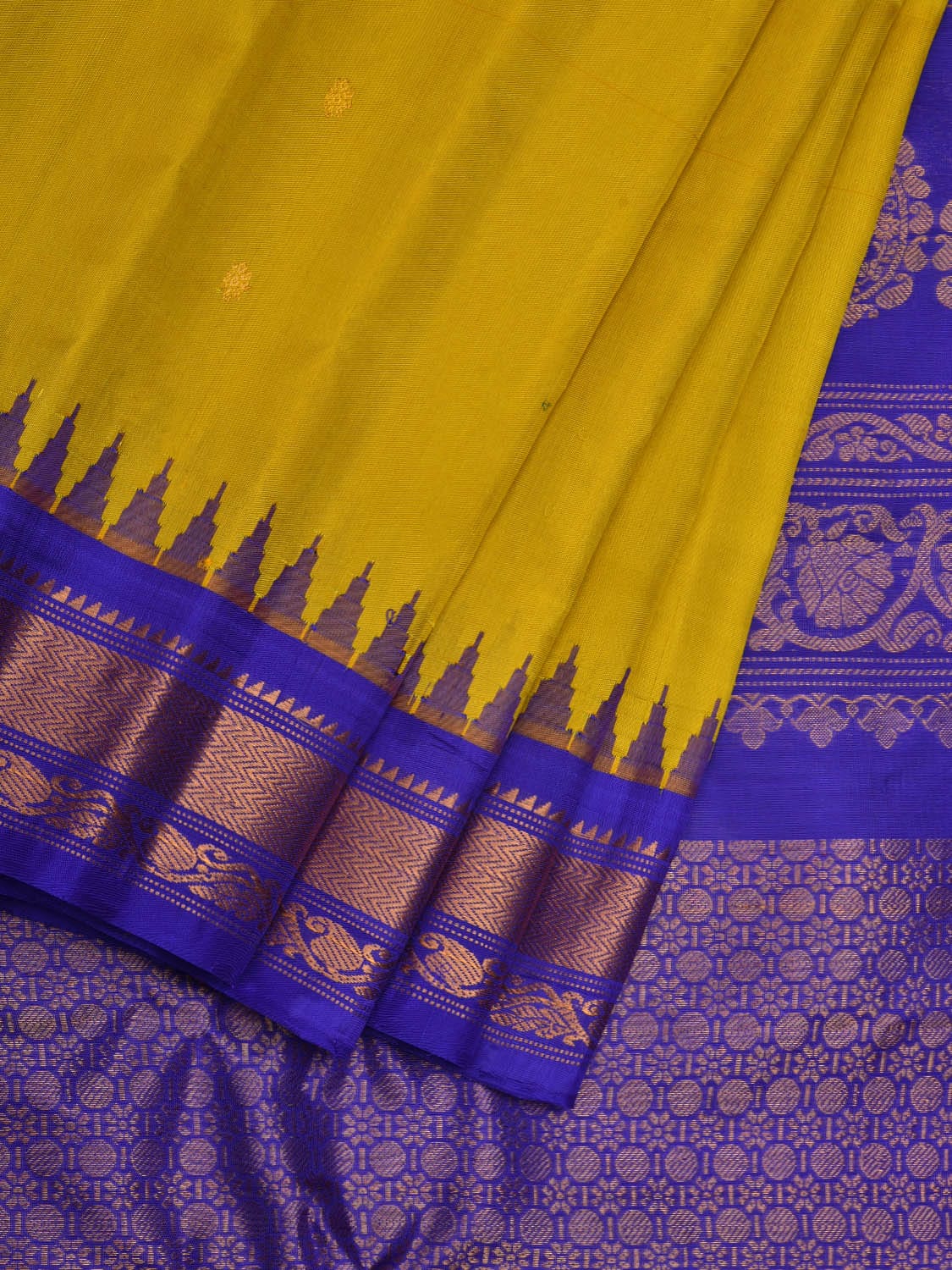 Olive and Blue Gadwal Silk Handloom Saree with Mango Pallu and Temple Border Design g0306