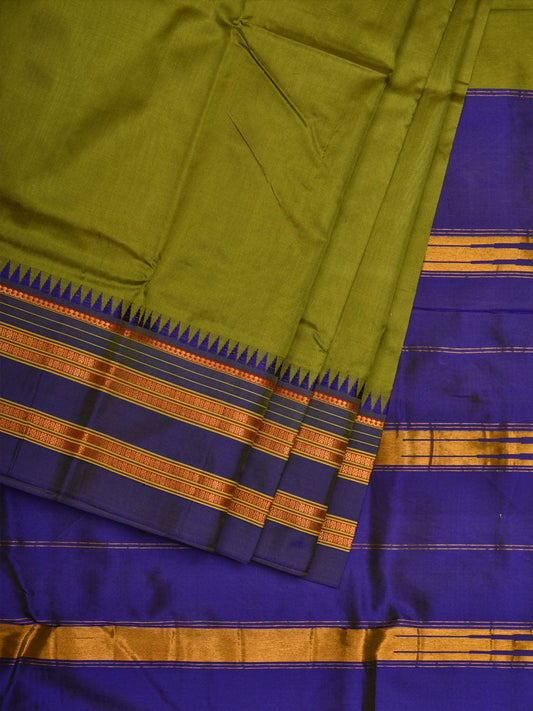 Olive and Blue Narayanpet Silk Handloom Plain Saree with Traditional Border Design No Blouse np0551