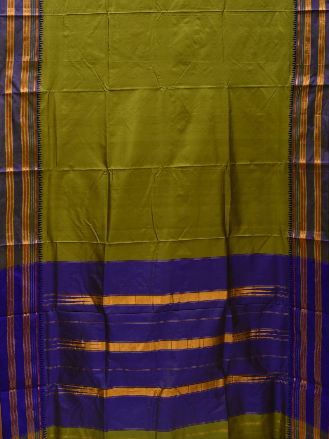 Olive and Blue Narayanpet Silk Handloom Plain Saree with Traditional Border Design No Blouse np0551