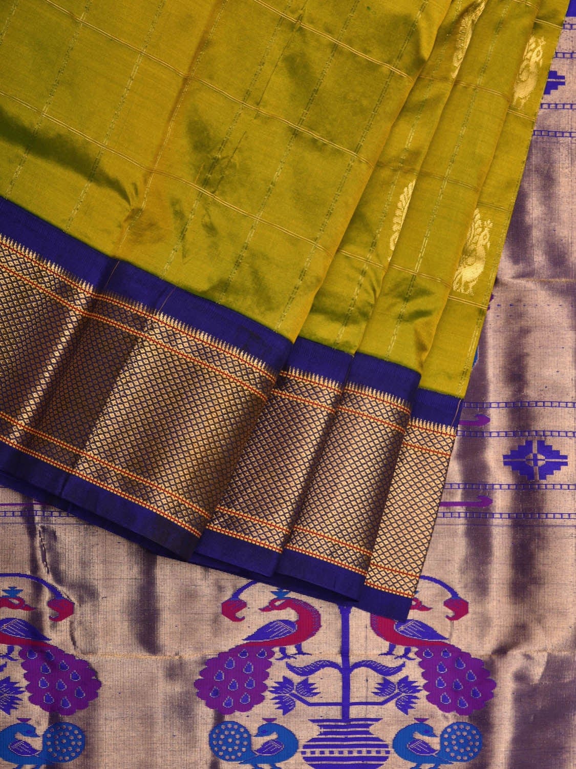 Olive and Blue Paithani Silk Handloom Saree with Pallu and Checks Design p0411