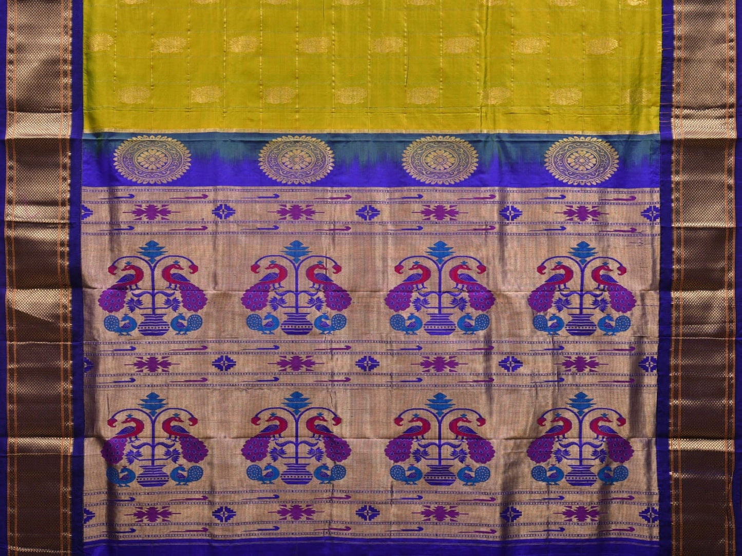 Olive and Blue Paithani Silk Handloom Saree with Pallu and Checks Design p0411