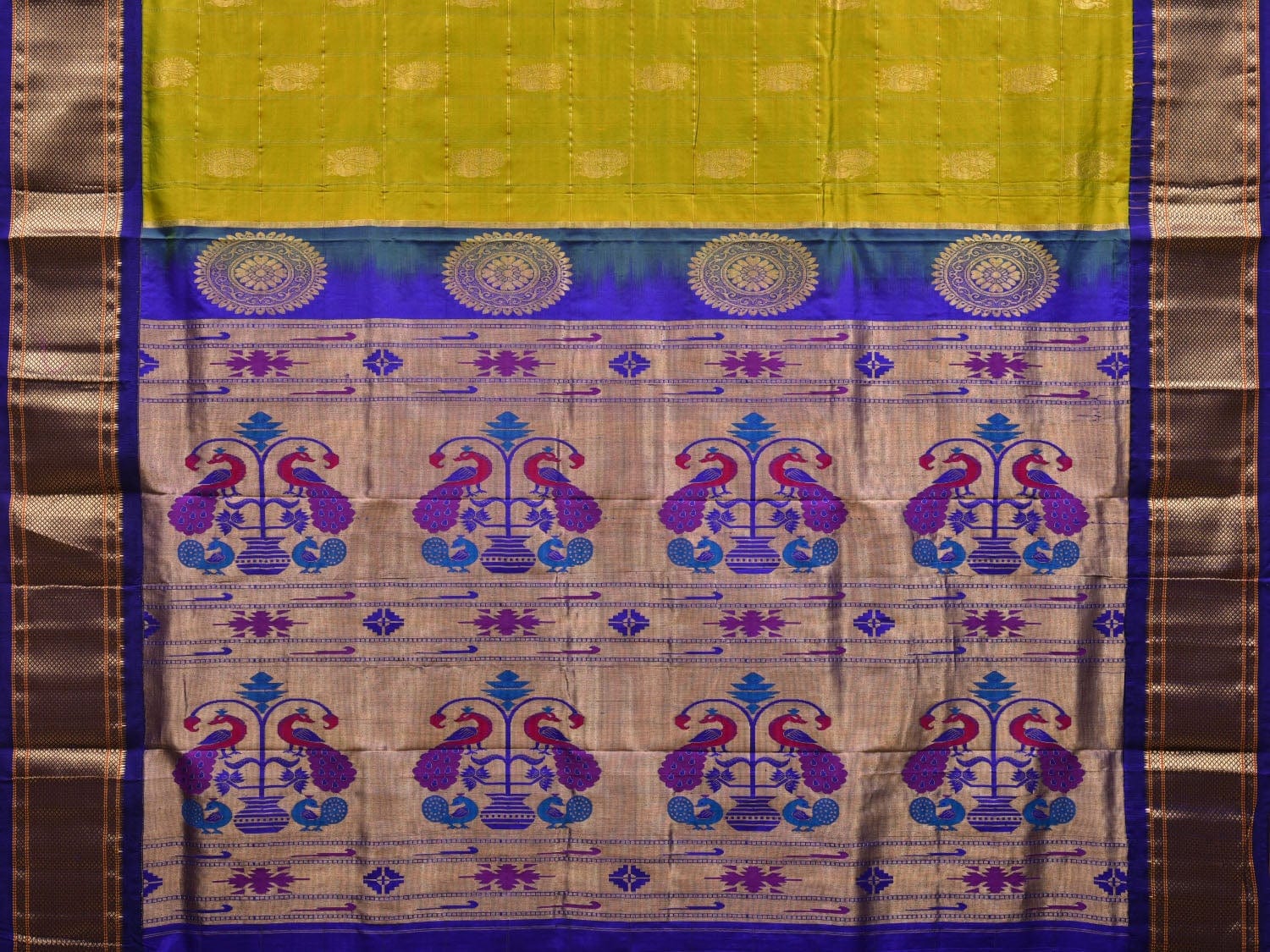Olive and Blue Paithani Silk Handloom Saree with Pallu and Checks Design p0411