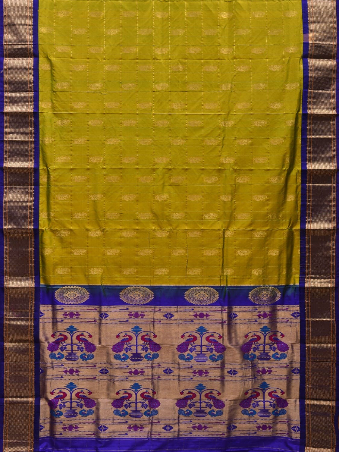 Olive and Blue Paithani Silk Handloom Saree with Pallu and Checks Design p0411