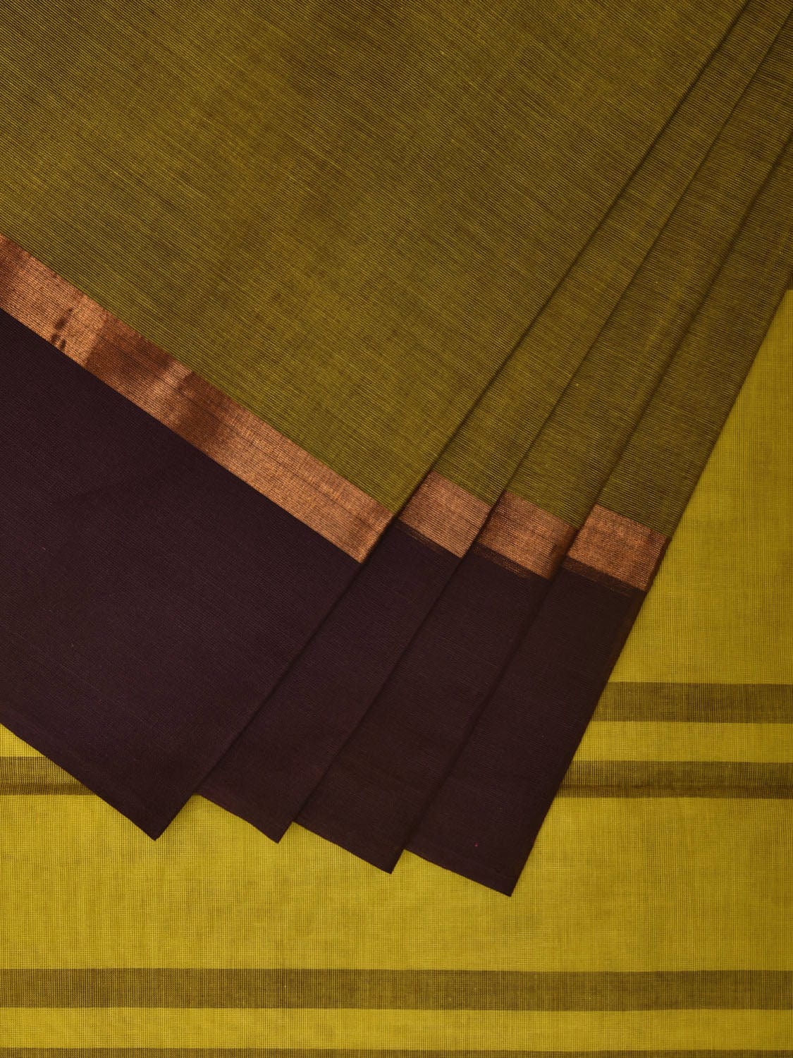 Olive and Brown Kanchipuram Cotton Handloom Plain Saree with Strips Pallu Design k0570