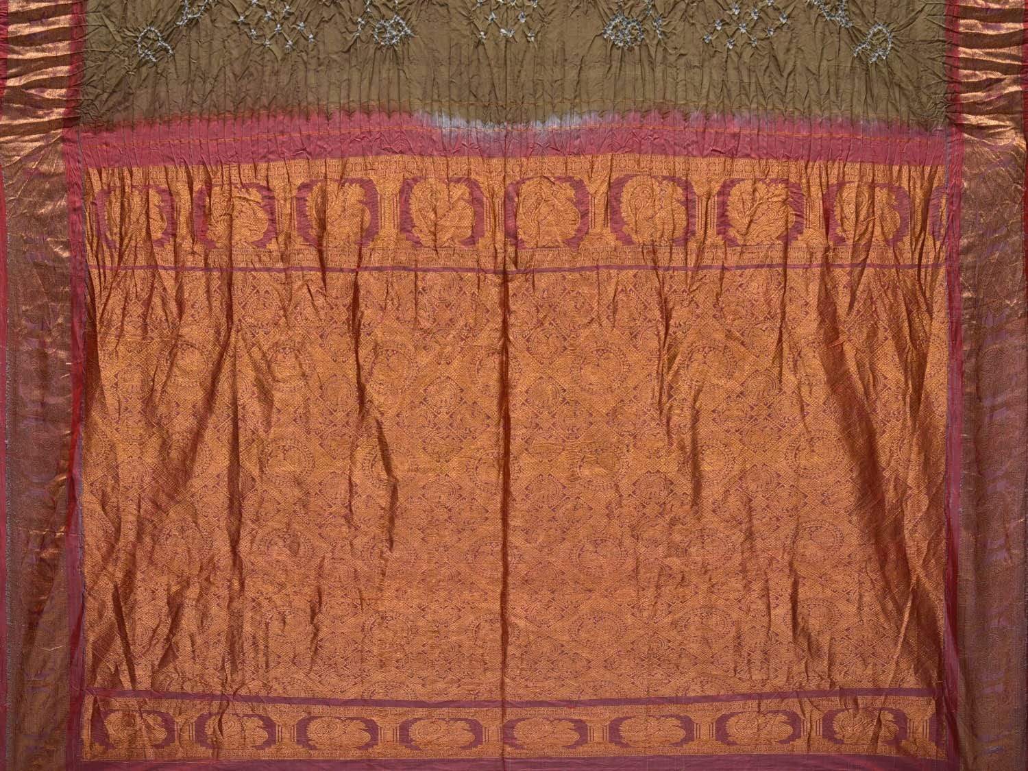 Olive and Burgundy Bandhani Kanchipuram Silk Handloom Saree with Mango Buta Design bn0290