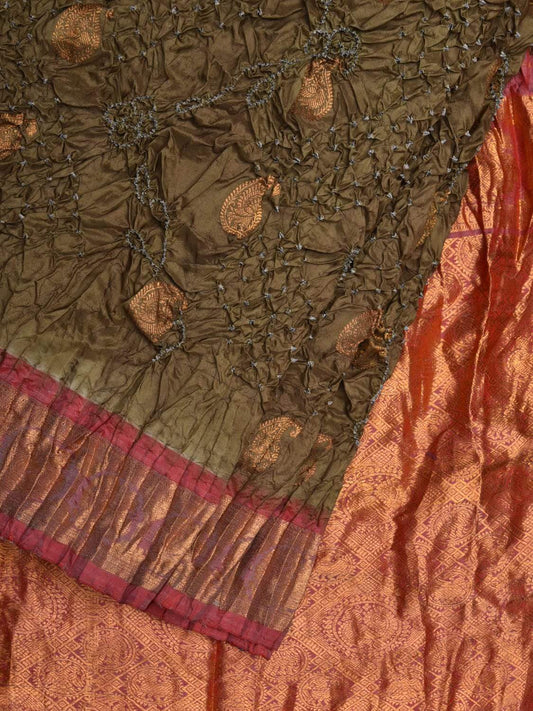 Olive and Burgundy Bandhani Kanchipuram Silk Handloom Saree with Mango Buta Design bn0290