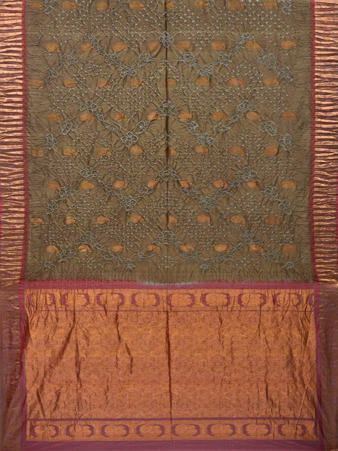 Olive and Burgundy Bandhani Kanchipuram Silk Handloom Saree with Mango Buta Design bn0290