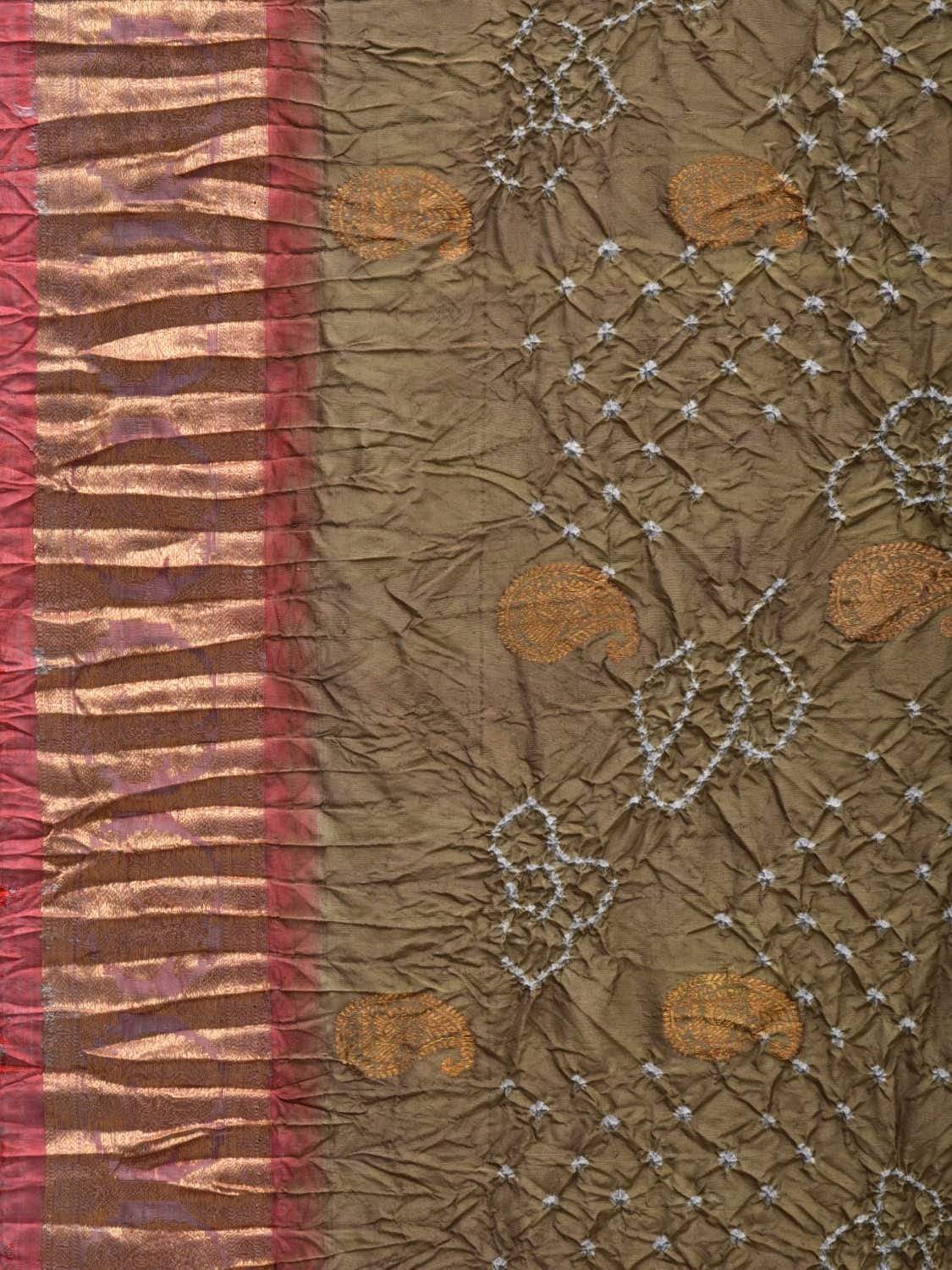 Olive and Burgundy Bandhani Kanchipuram Silk Handloom Saree with Mango Buta Design bn0290