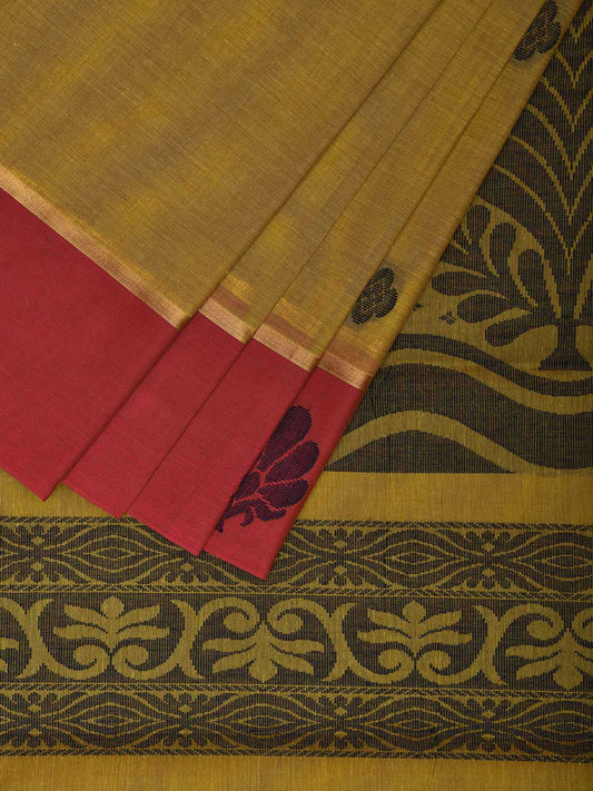 Olive and Burgundy Kanchipuram Cotton Saree with Pallu and Border Design k0773