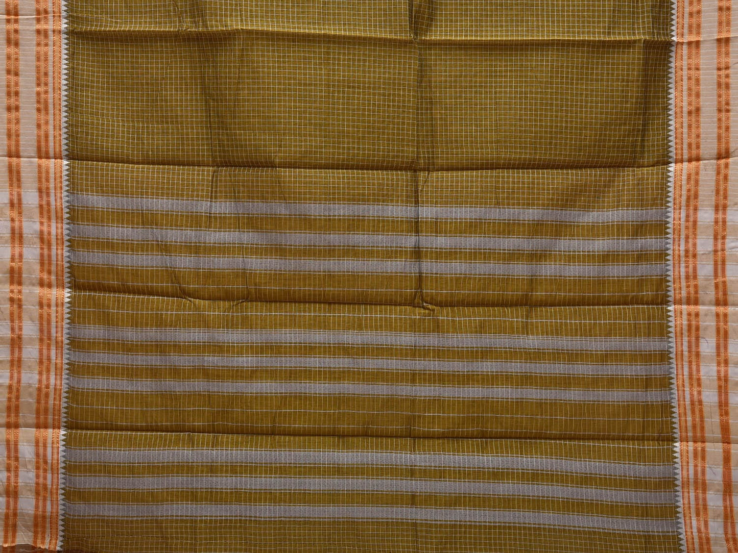 Olive and Cream Bamboo Cotton Saree with Checks Design bc0070