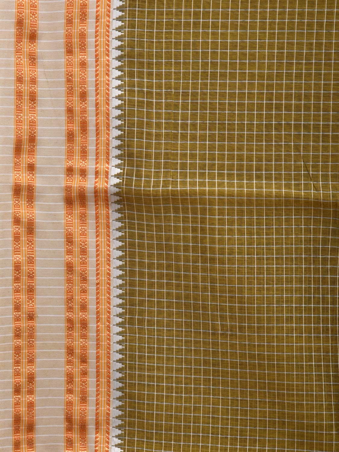 Olive and Cream Bamboo Cotton Saree with Checks Design bc0070