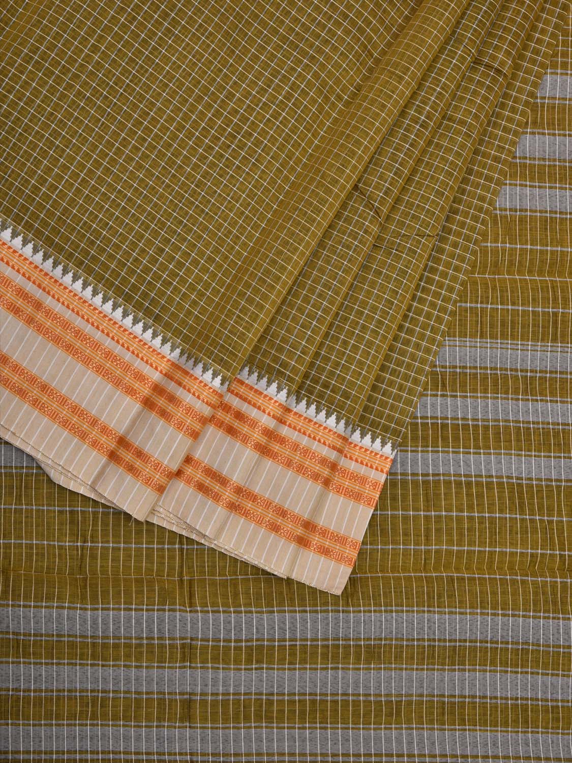 Olive and Cream Bamboo Cotton Saree with Checks Design bc0070