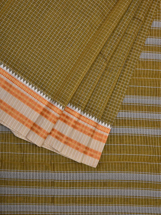 Olive and Cream Bamboo Cotton Saree with Checks Design bc0070