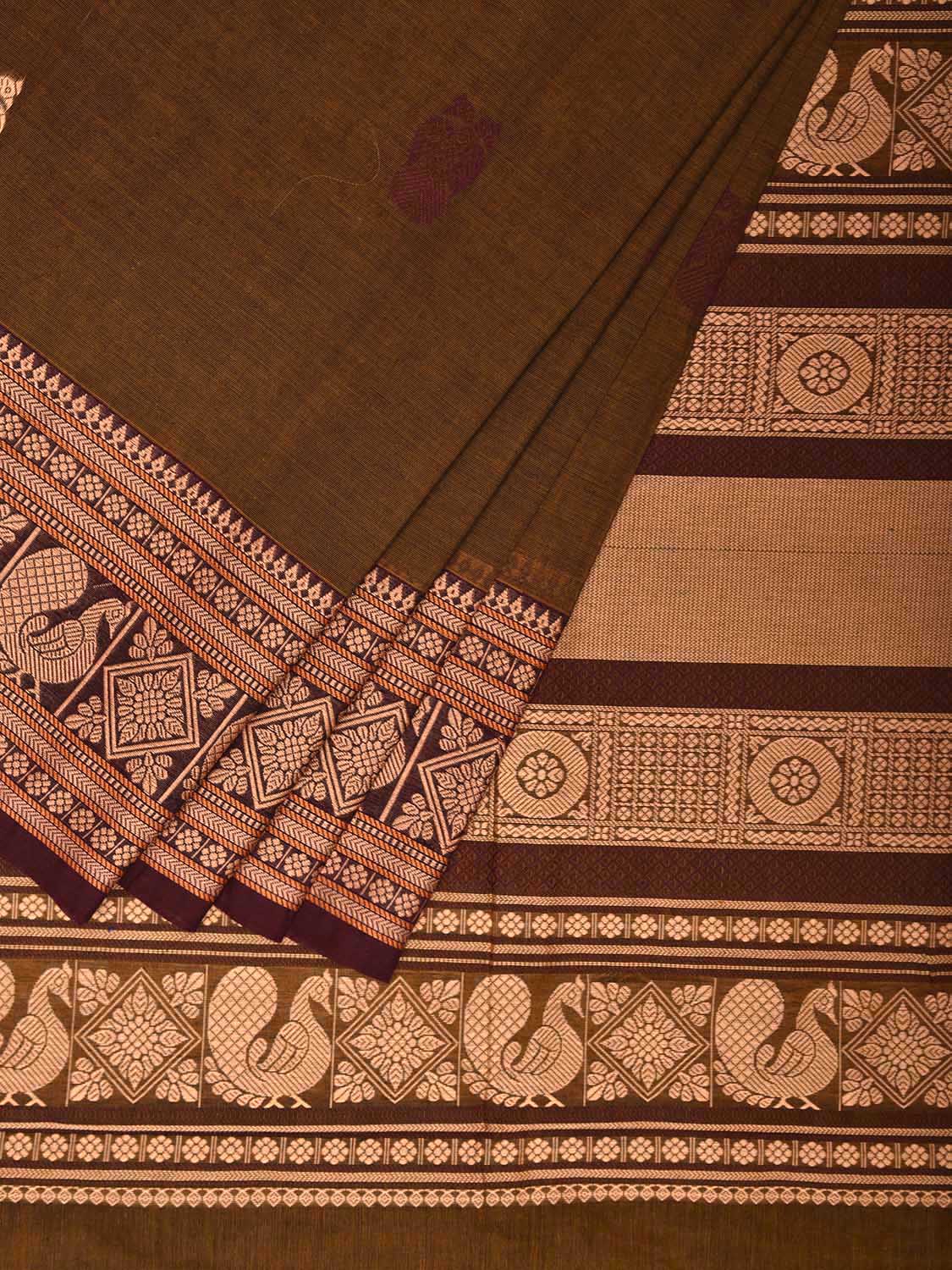 Olive and Cream Kanchipuram Cotton Saree with Gandaberunda Buta and Pallu Design k0766