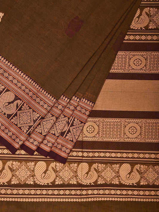 Olive and Cream Kanchipuram Cotton Saree with Gandaberunda Buta and Pallu Design k0766