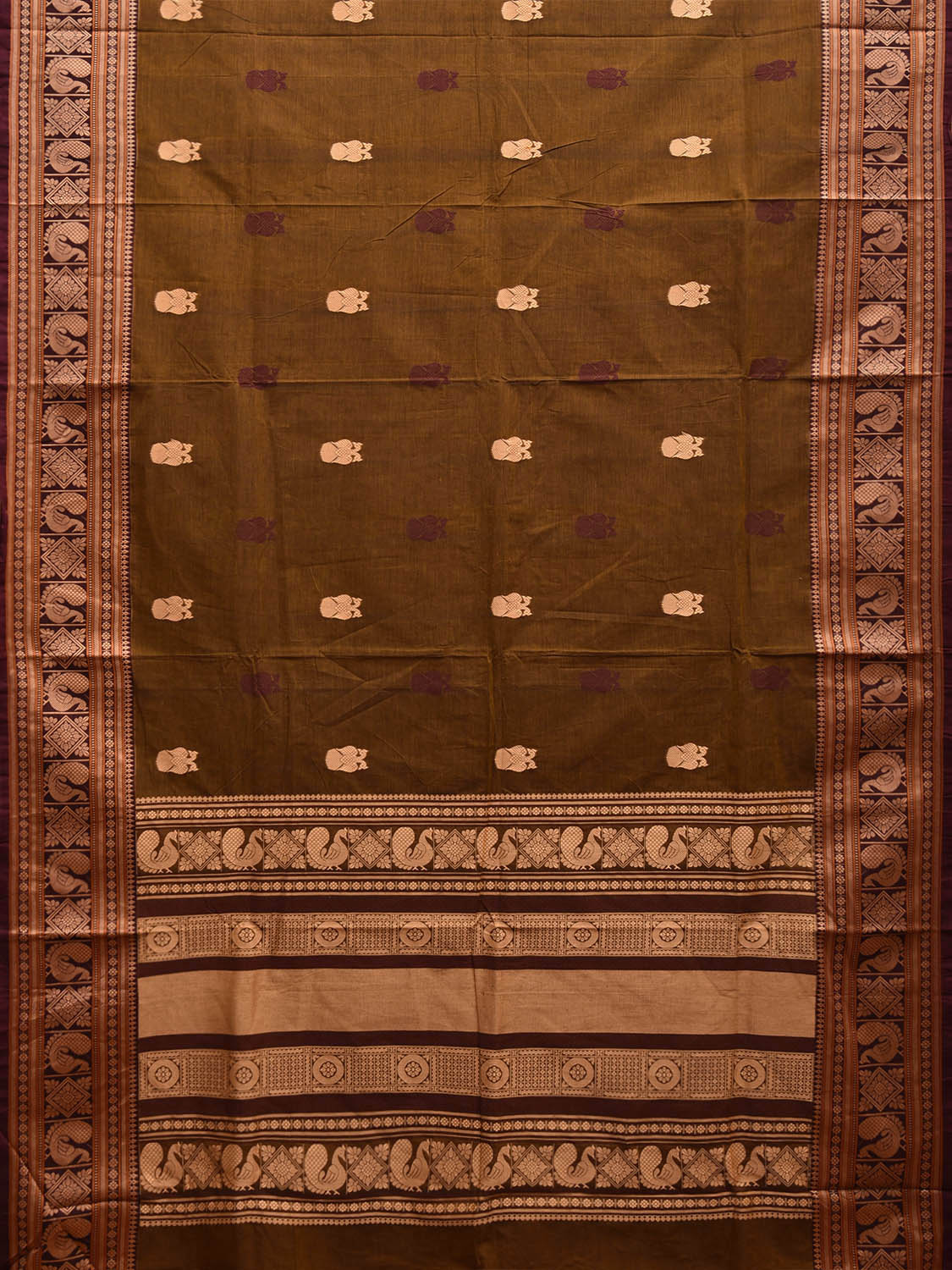 Olive and Cream Kanchipuram Cotton Saree with Gandaberunda Buta and Pallu Design k0766