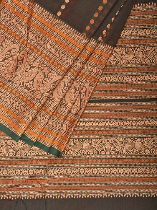 Olive and Cream Kanchipuram Cotton Saree with Pallu and Big Border Design k0759