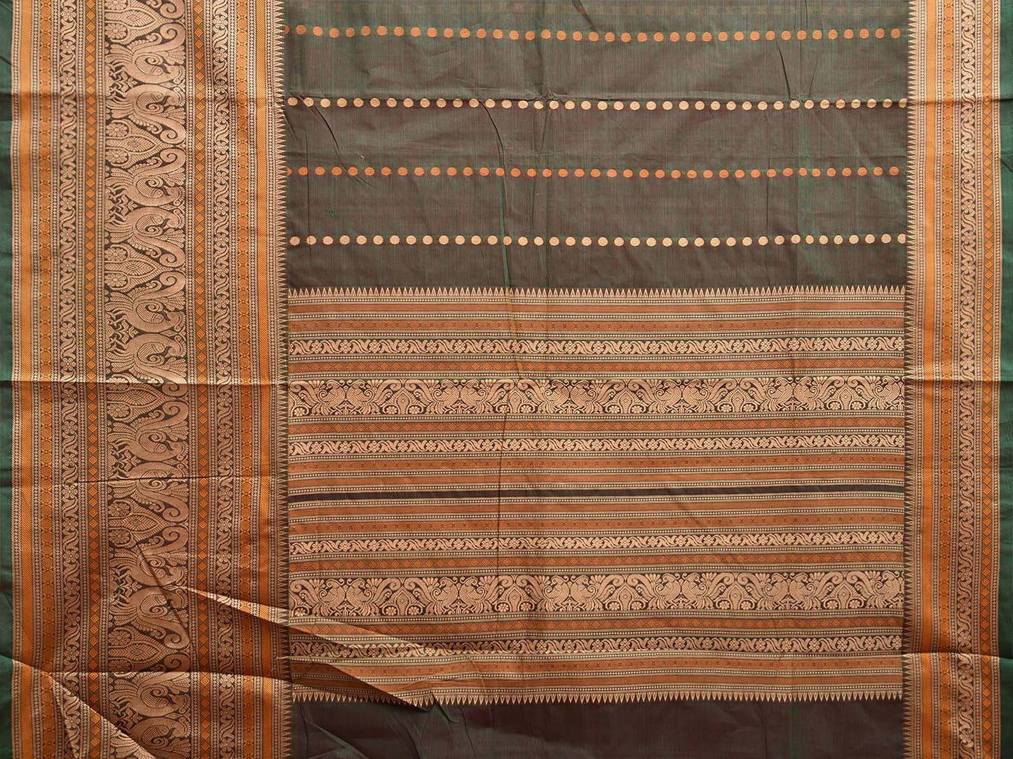 Olive and Cream Kanchipuram Cotton Saree with Pallu and Big Border Design k0759