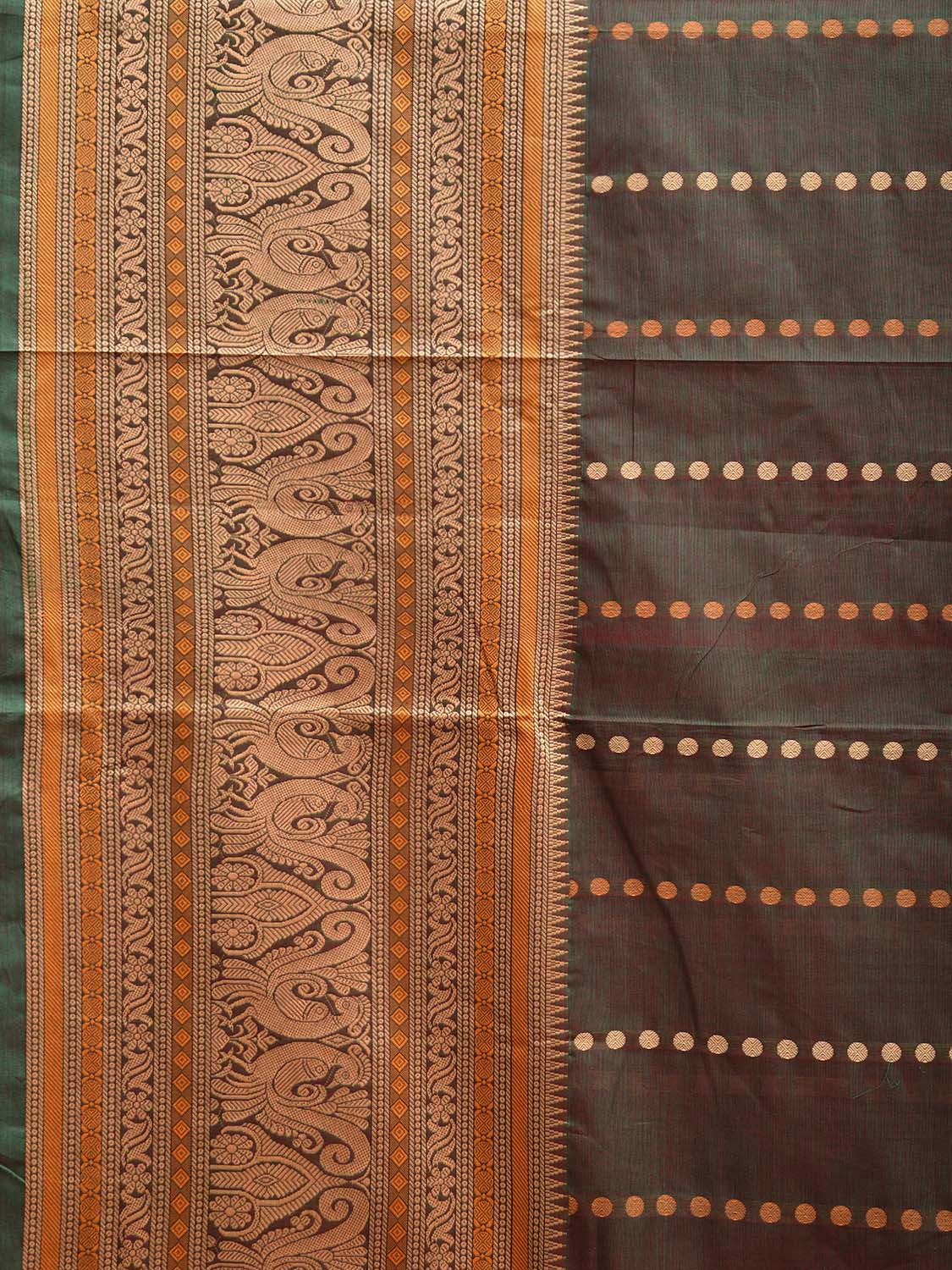 Olive and Cream Kanchipuram Cotton Saree with Pallu and Big Border Design k0759