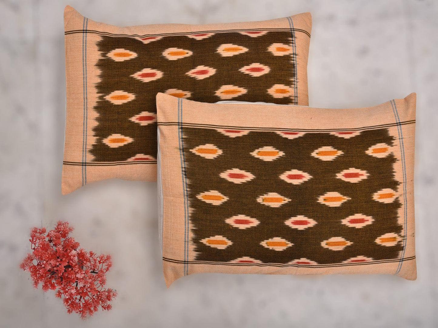 Olive and Cream Pochampally Ikat Cotton Handloom Bedsheet with Body Buta Design 90 x 108 Inches bd0054