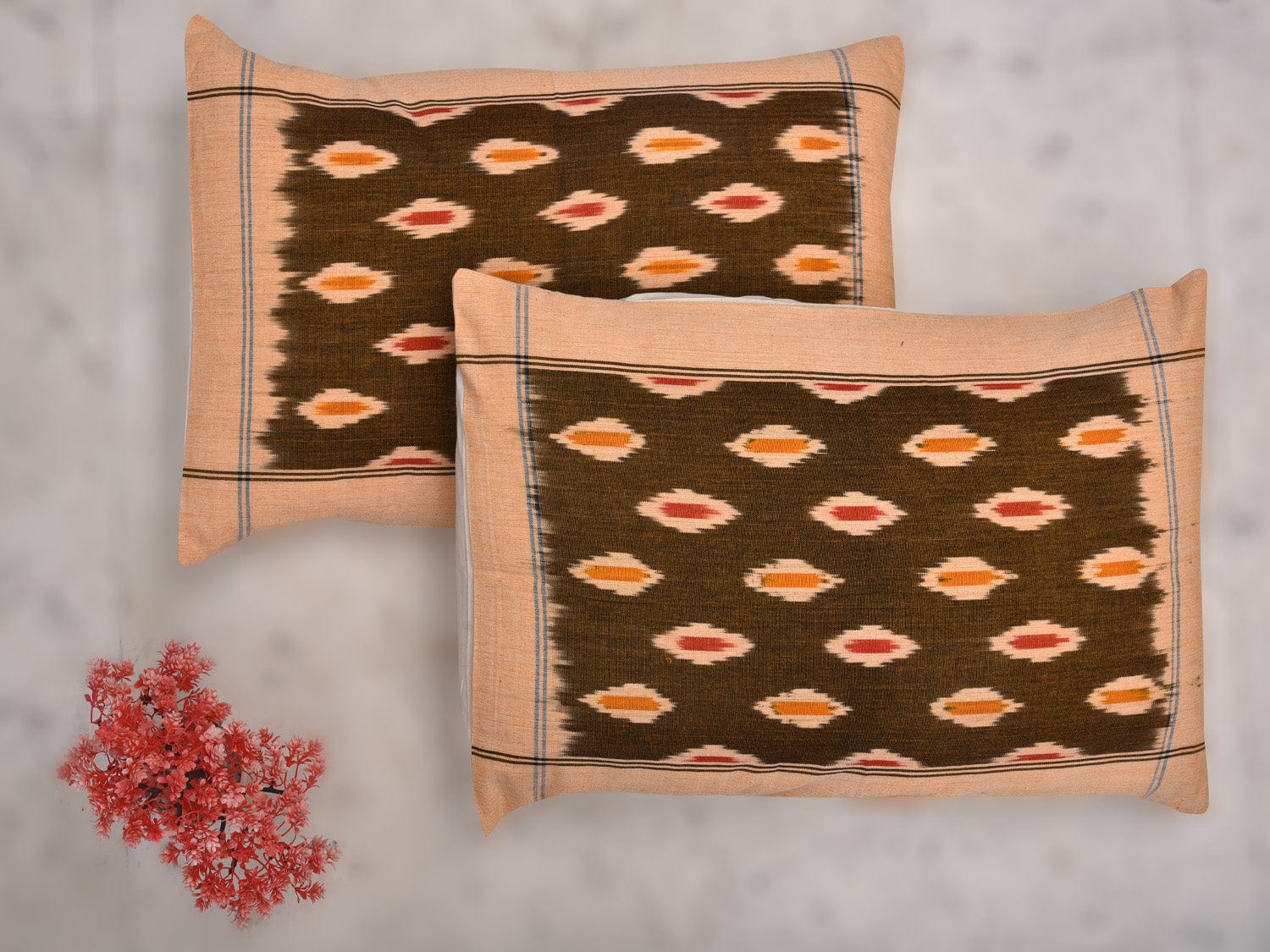 Olive and Cream Pochampally Ikat Cotton Handloom Bedsheet with Body Buta Design 90 x 108 Inches bd0054