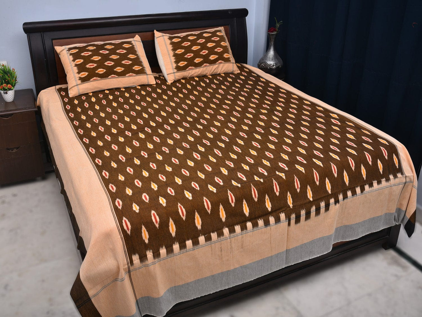 Olive and Cream Pochampally Ikat Cotton Handloom Bedsheet with Body Buta Design 90 x 108 Inches bd0054