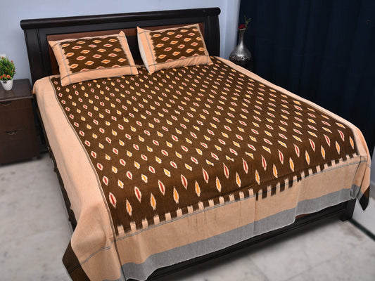 Olive and Cream Pochampally Ikat Cotton Handloom Bedsheet with Body Buta Design 90 x 108 Inches bd0054