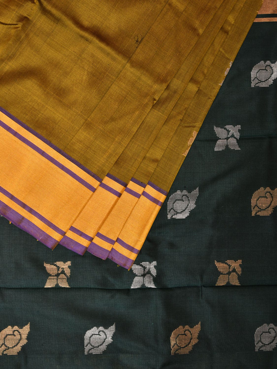 Olive and Dark Green Uppada Silk Handloom Saree with Buta Design u2004