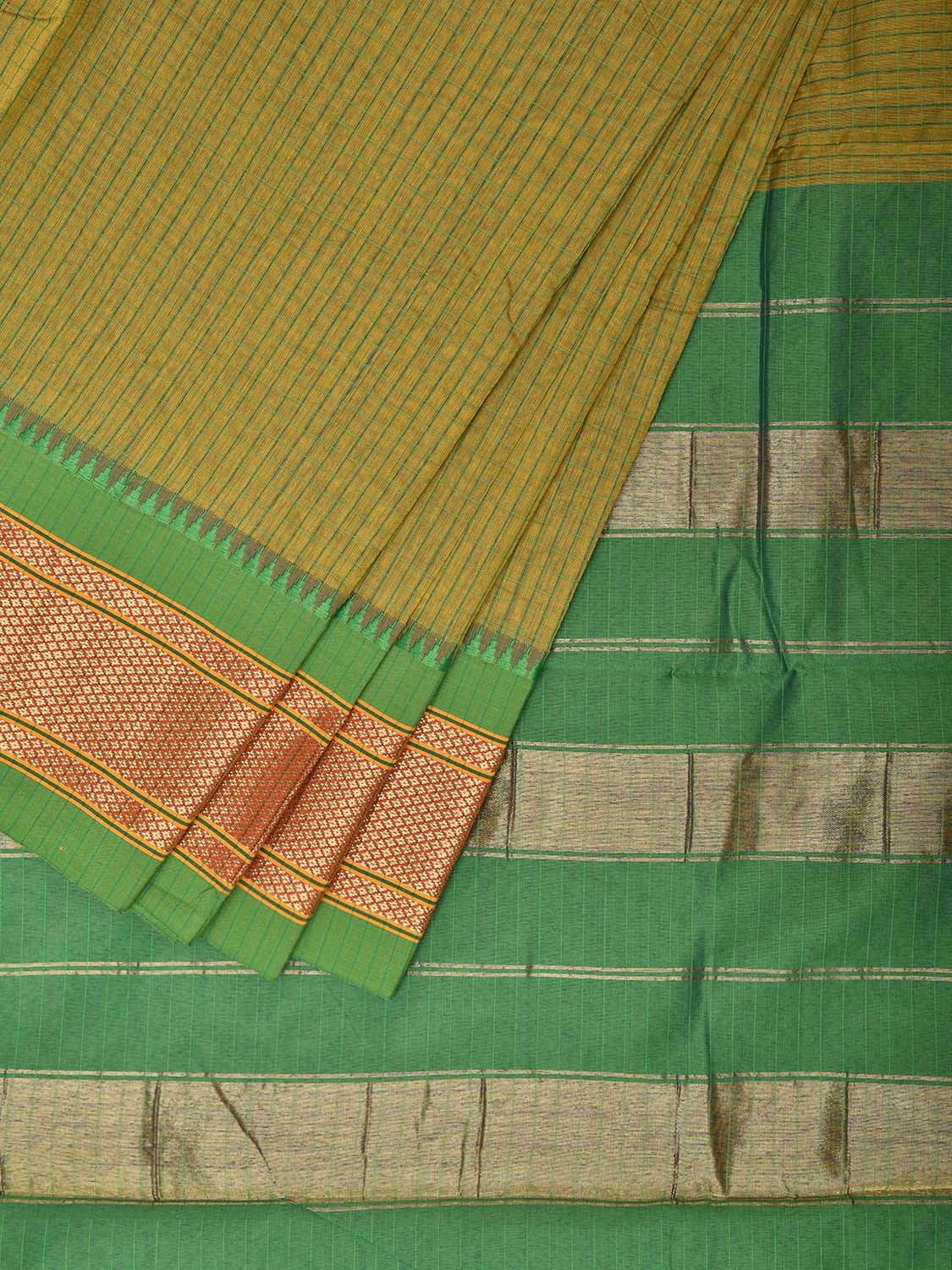 Olive and Green Bamboo Cotton Saree with Checks and Contrast Pallu Design No Blouse bc0636