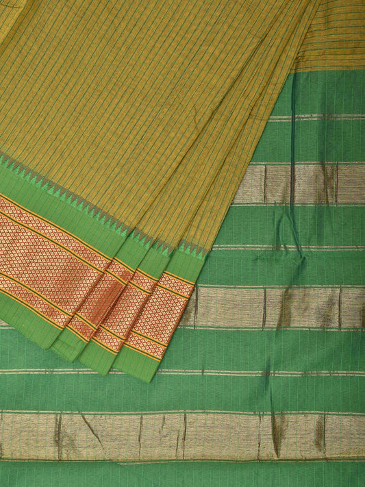 Olive and Green Bamboo Cotton Saree with Checks and Contrast Pallu Design No Blouse bc0636