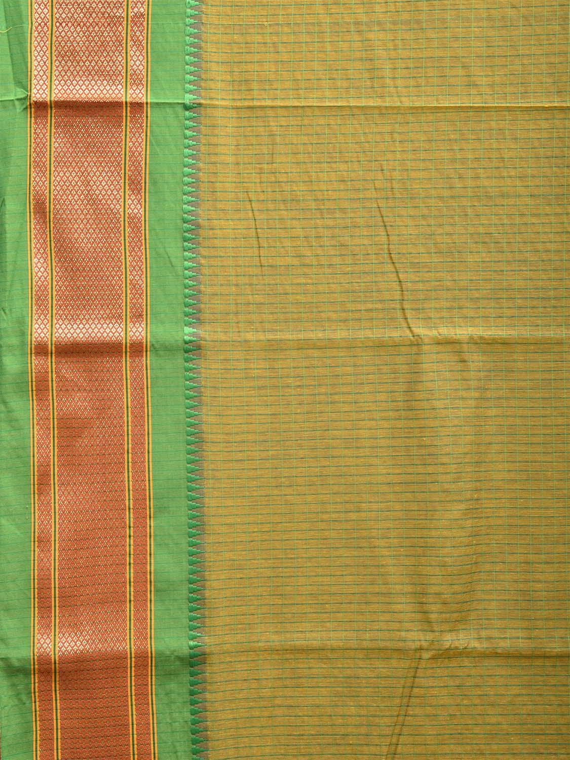 Olive and Green Bamboo Cotton Saree with Checks and Contrast Pallu Design No Blouse bc0636