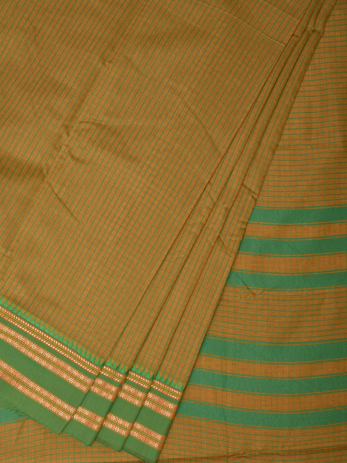 Olive and Green Bamboo Cotton Saree with Checks Design bc0113