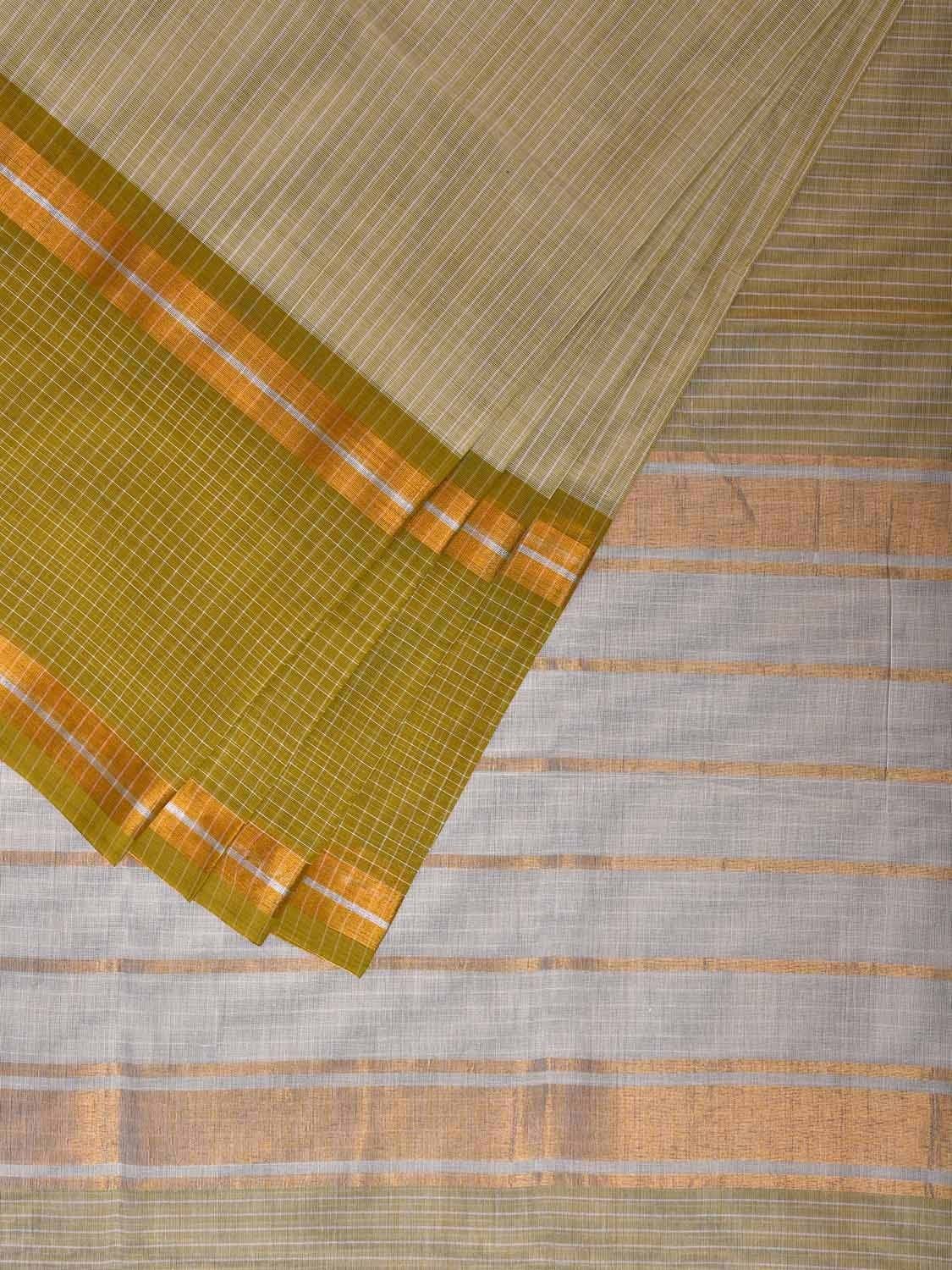 Olive and Light Green Venkatagiri Cotton Saree with Strips and Checks Border Design No Blouse v0108