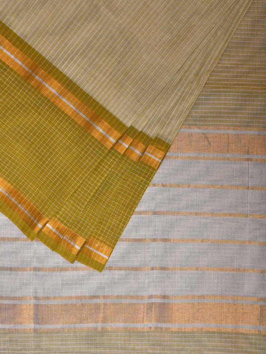 Olive and Light Green Venkatagiri Cotton Saree with Strips and Checks Border Design No Blouse v0108