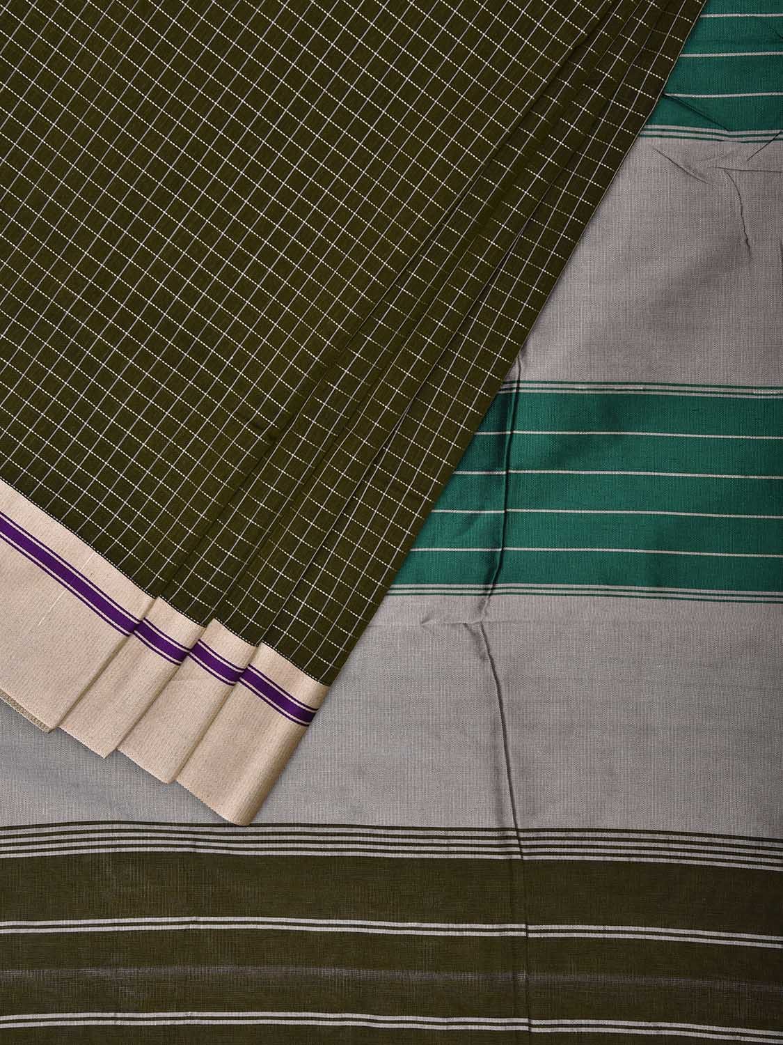 Olive and Light Grey ilkal Cotton Viscose Saree with Checks and Ganga-Jamuna Border Design o0525