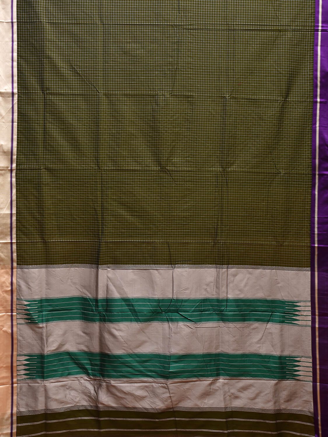 Olive and Light Grey ilkal Cotton Viscose Saree with Checks and Ganga-Jamuna Border Design o0525