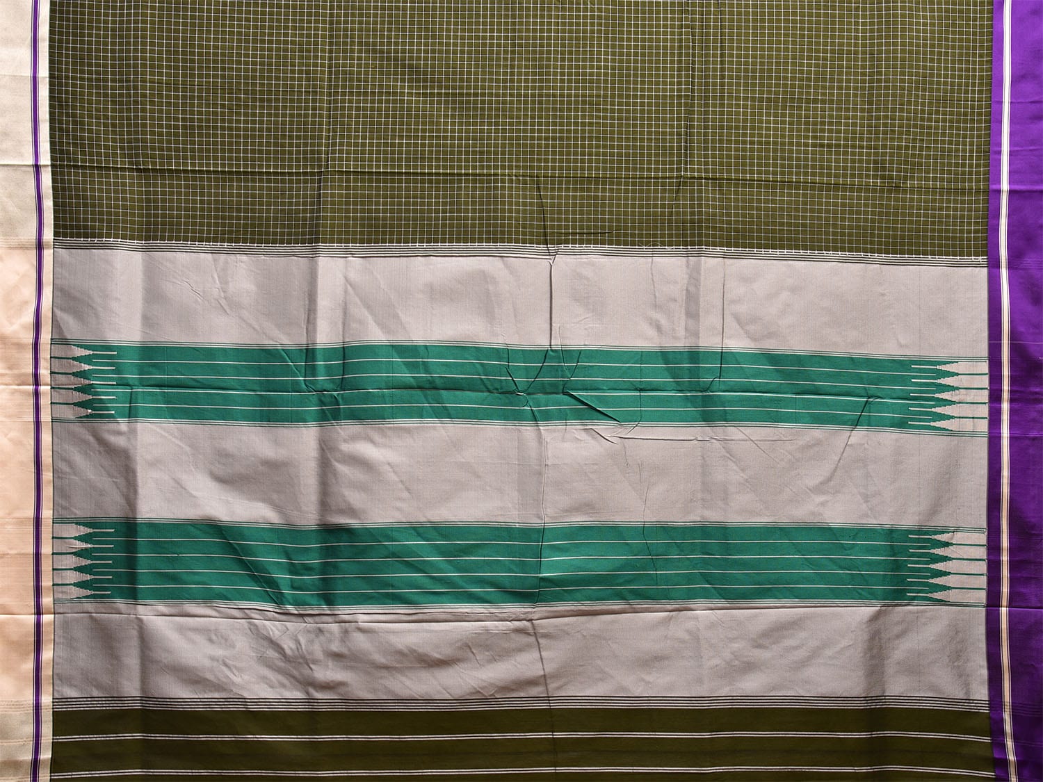 Olive and Light Grey ilkal Cotton Viscose Saree with Checks and Ganga-Jamuna Border Design o0525