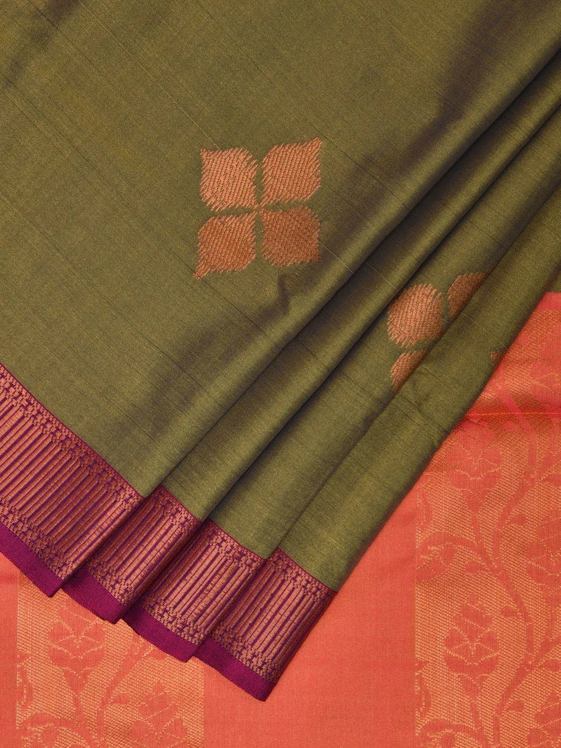 Olive and Magenta Katan Silk Saree with Border and Body Butta Design b0140ds