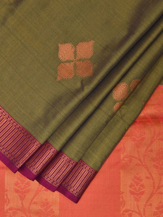 Olive and Magenta Katan Silk Saree with Border and Body Butta Design b0140ds