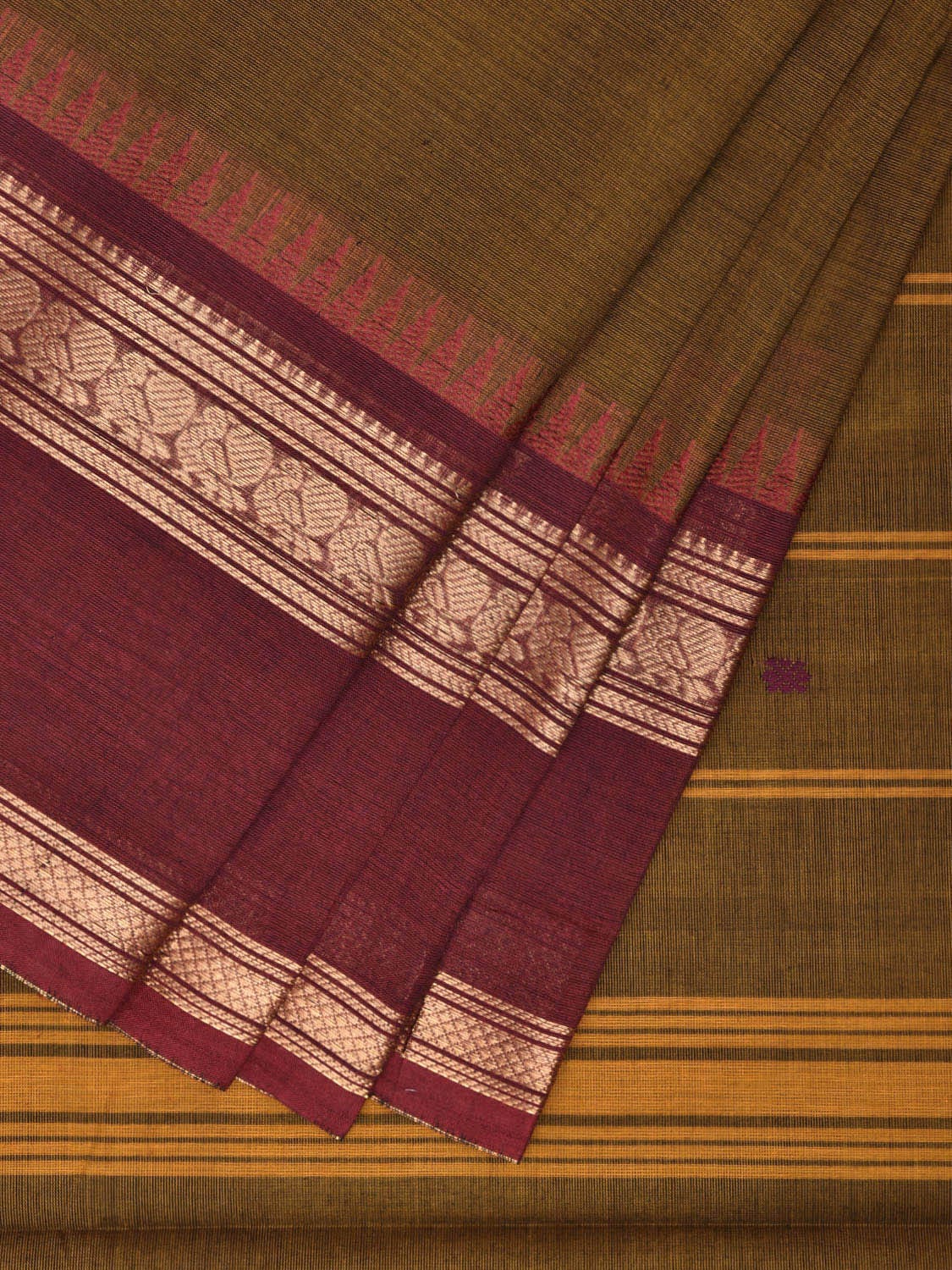 Olive and Maroon Kanchipuram Cotton Saree with Strips Pallu and Small Temple Border Design k0725