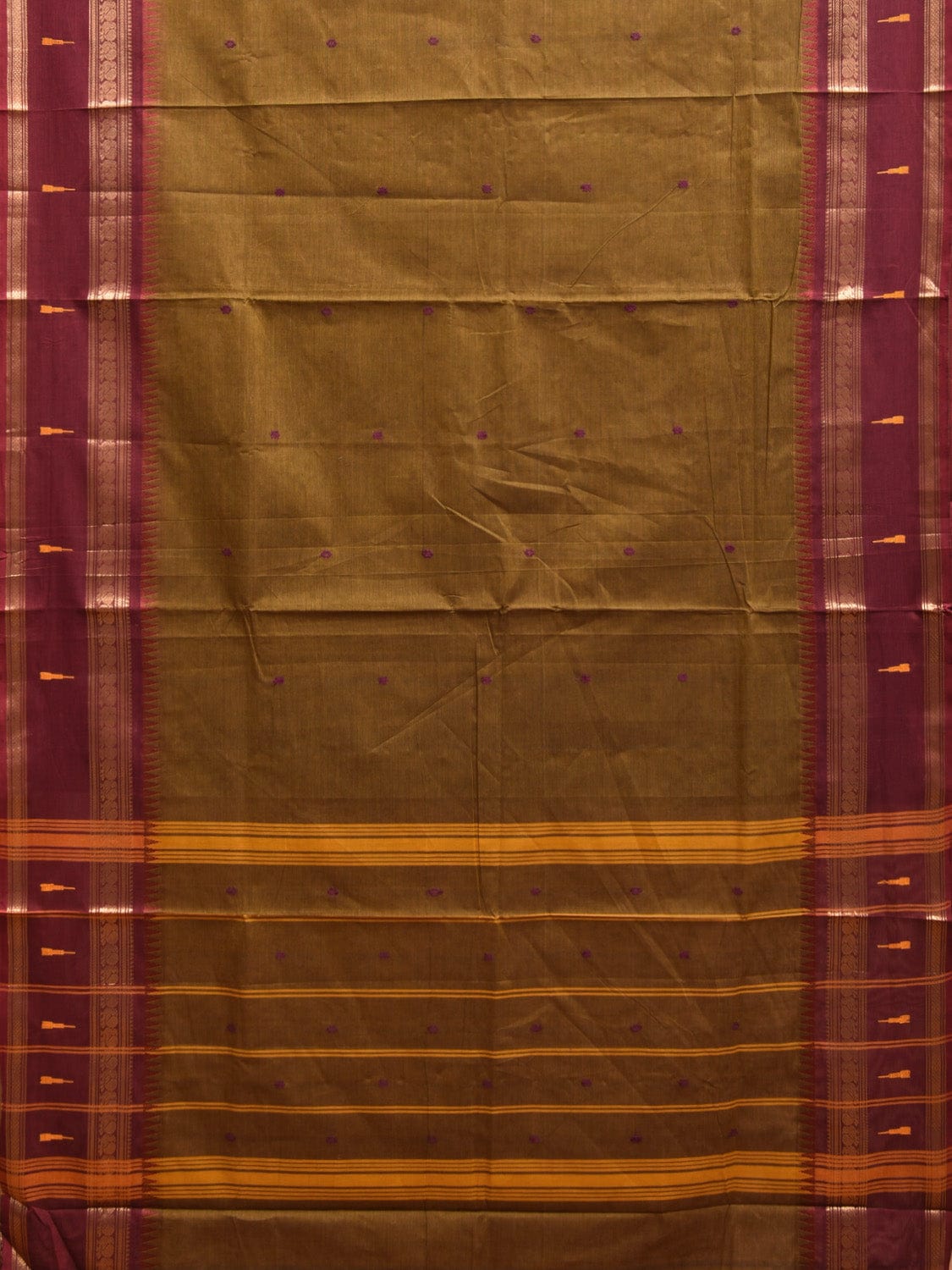 Olive and Maroon Kanchipuram Cotton Saree with Strips Pallu and Small Temple Border Design k0725