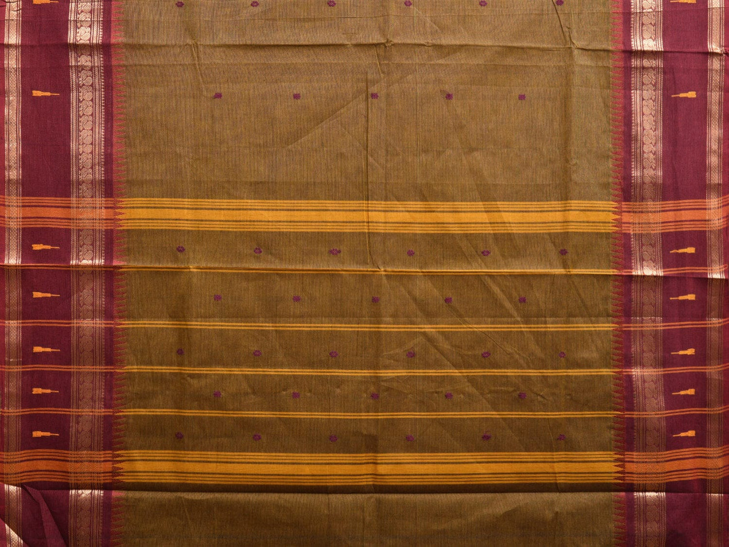 Olive and Maroon Kanchipuram Cotton Saree with Strips Pallu and Small Temple Border Design k0725
