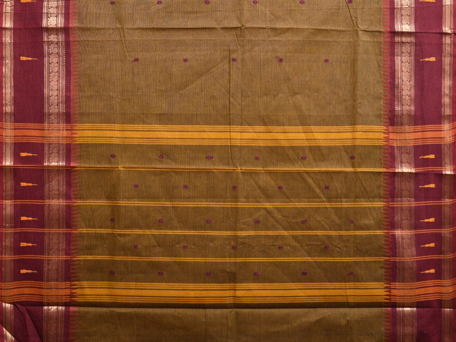 Olive and Maroon Kanchipuram Cotton Saree with Strips Pallu and Small Temple Border Design k0725
