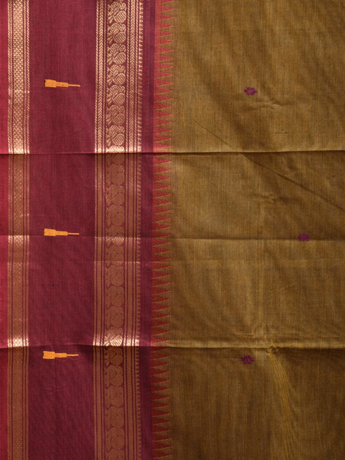 Olive and Maroon Kanchipuram Cotton Saree with Strips Pallu and Small Temple Border Design k0725