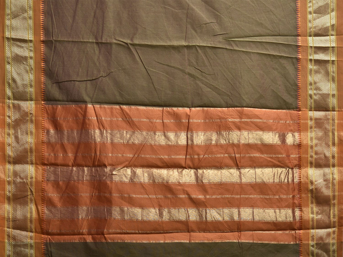 Olive and Mustard Bamboo Cotton Plain Saree with Contrast Pallu Design No Blouse bc0820