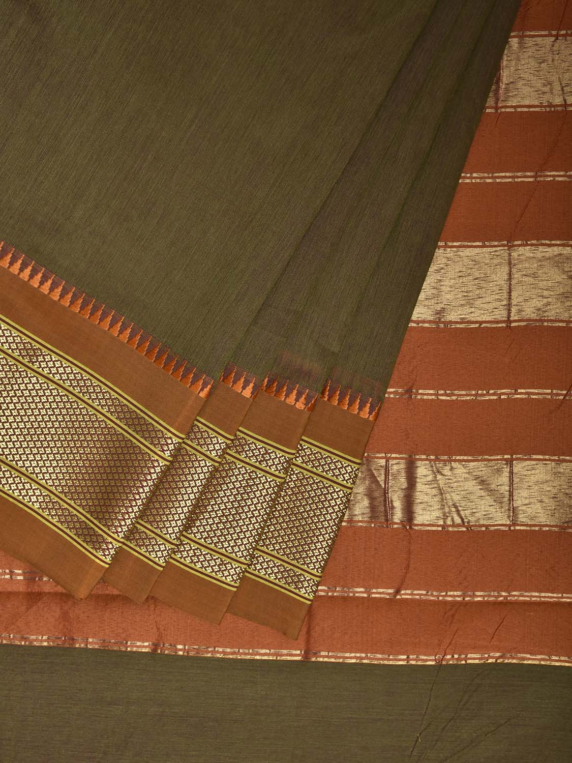 Olive and Mustard Bamboo Cotton Plain Saree with Contrast Pallu Design No Blouse bc0820