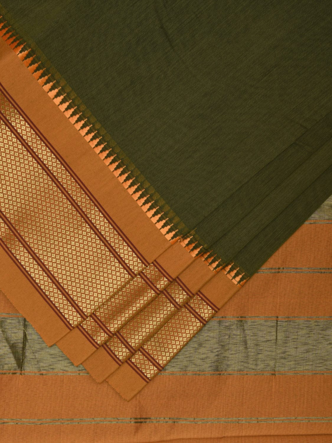 Olive and Mustard Bamboo Cotton Plain Saree with Contrast Pallu & Zari Border Design No Blouse bc0315