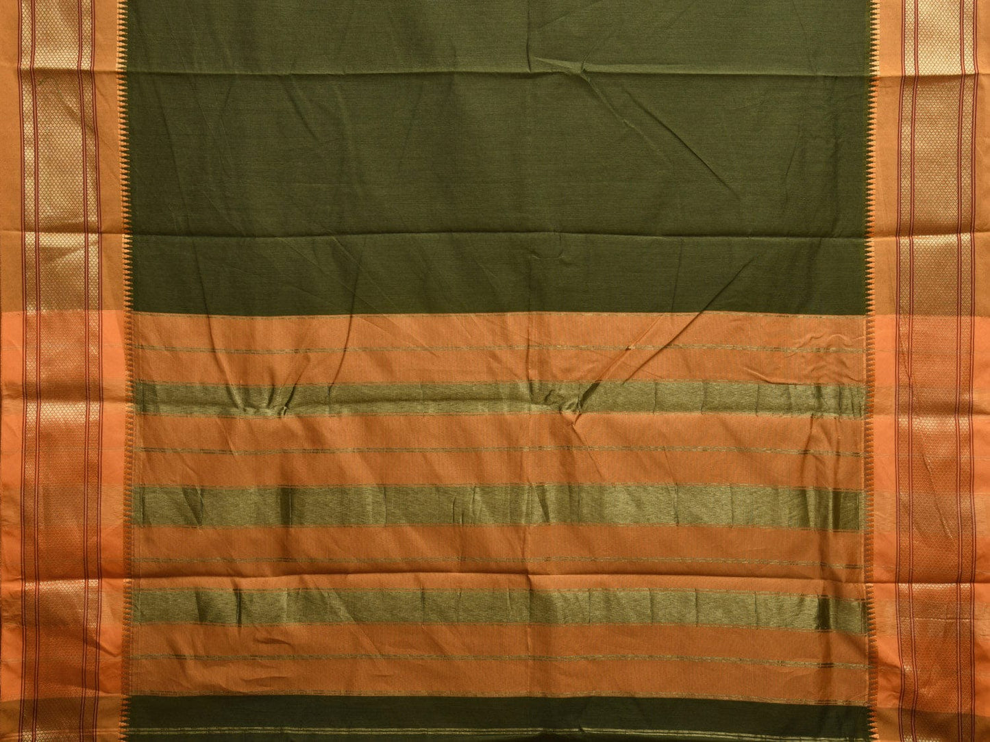 Olive and Mustard Bamboo Cotton Plain Saree with Contrast Pallu & Zari Border Design No Blouse bc0315