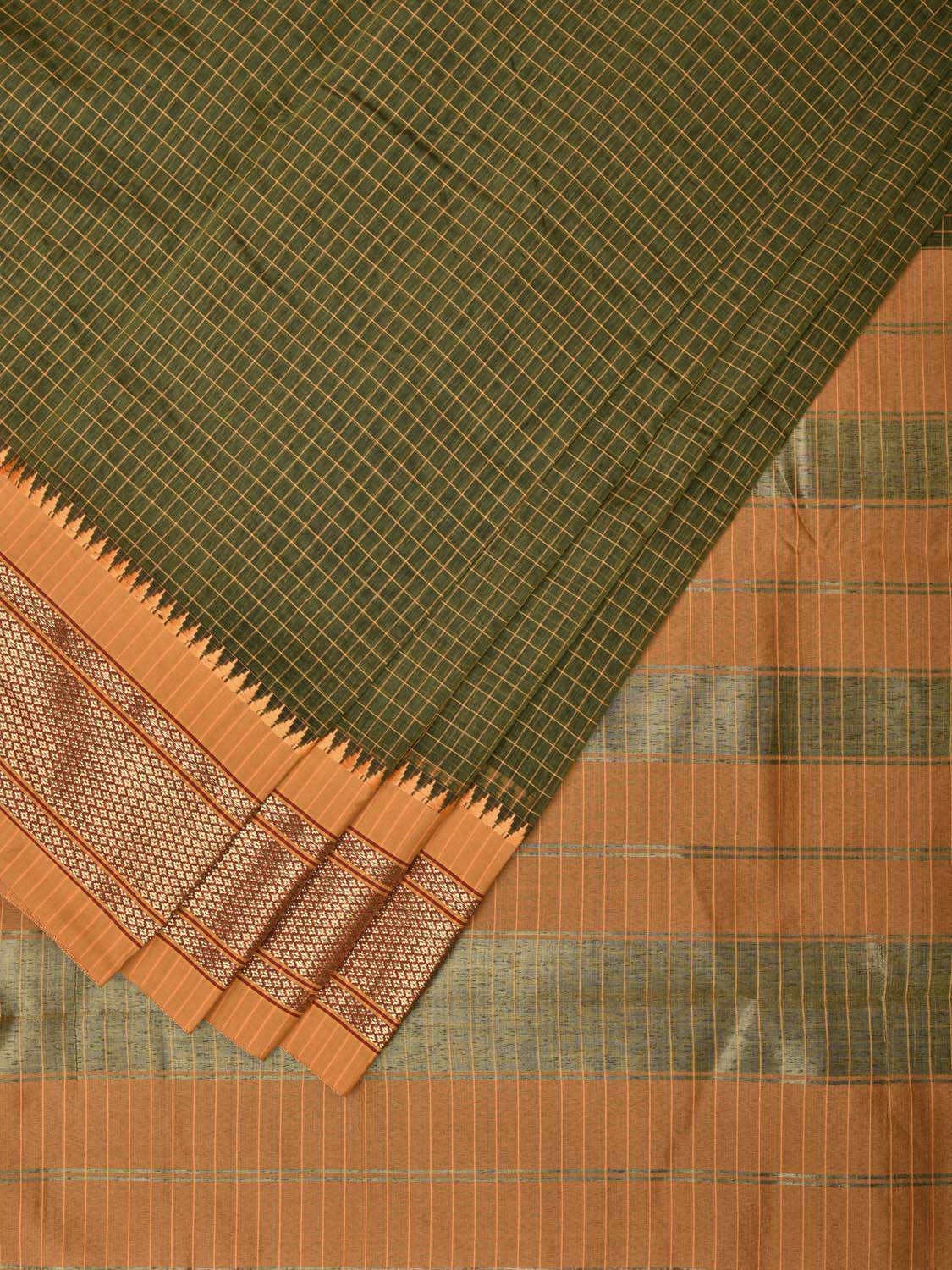 Olive and Mustard Bamboo Cotton Saree with Checks Design bc0105